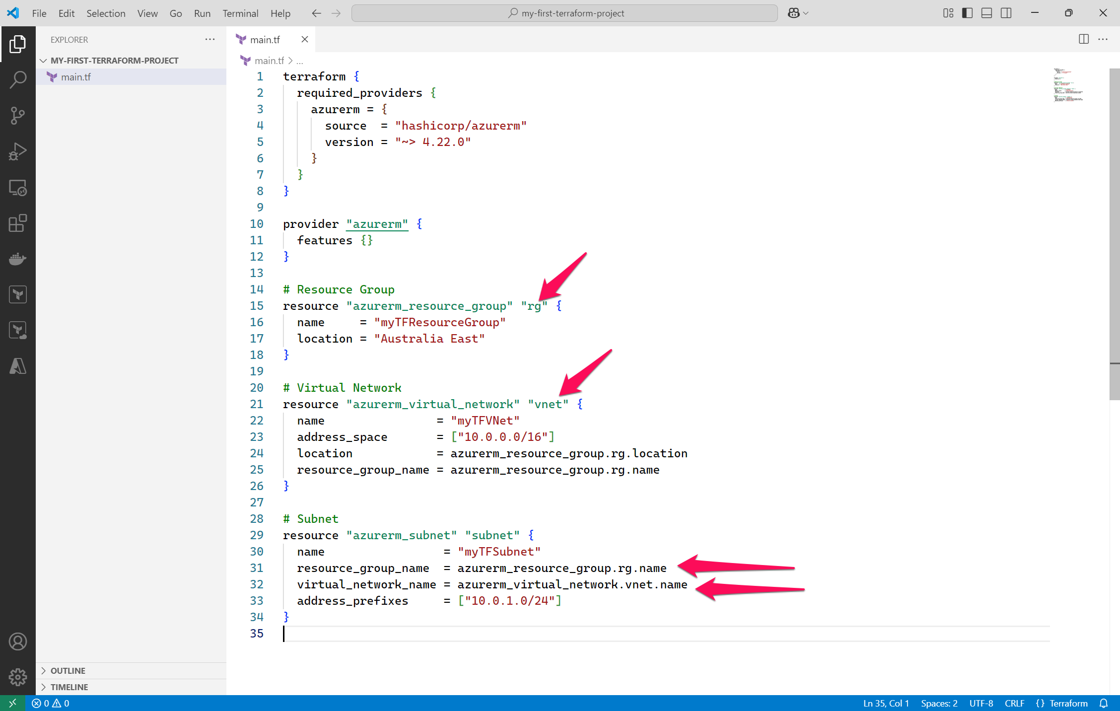 Subnet definition in VSCode showing dependencies on the resource group and virtual network