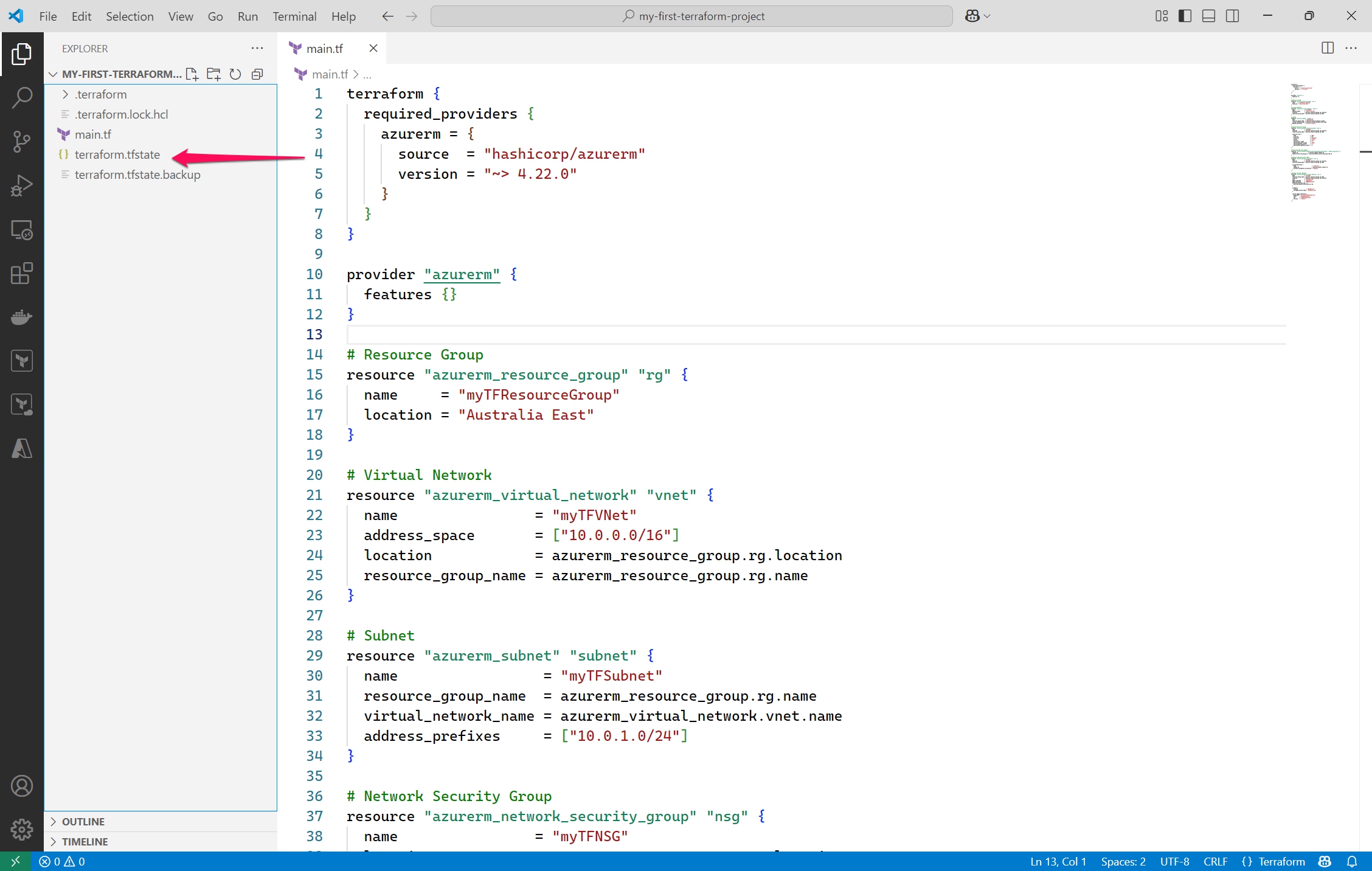 The terraform.tfstate file in a VS Code project alongside Terraform configuration files Terraform State File in Project