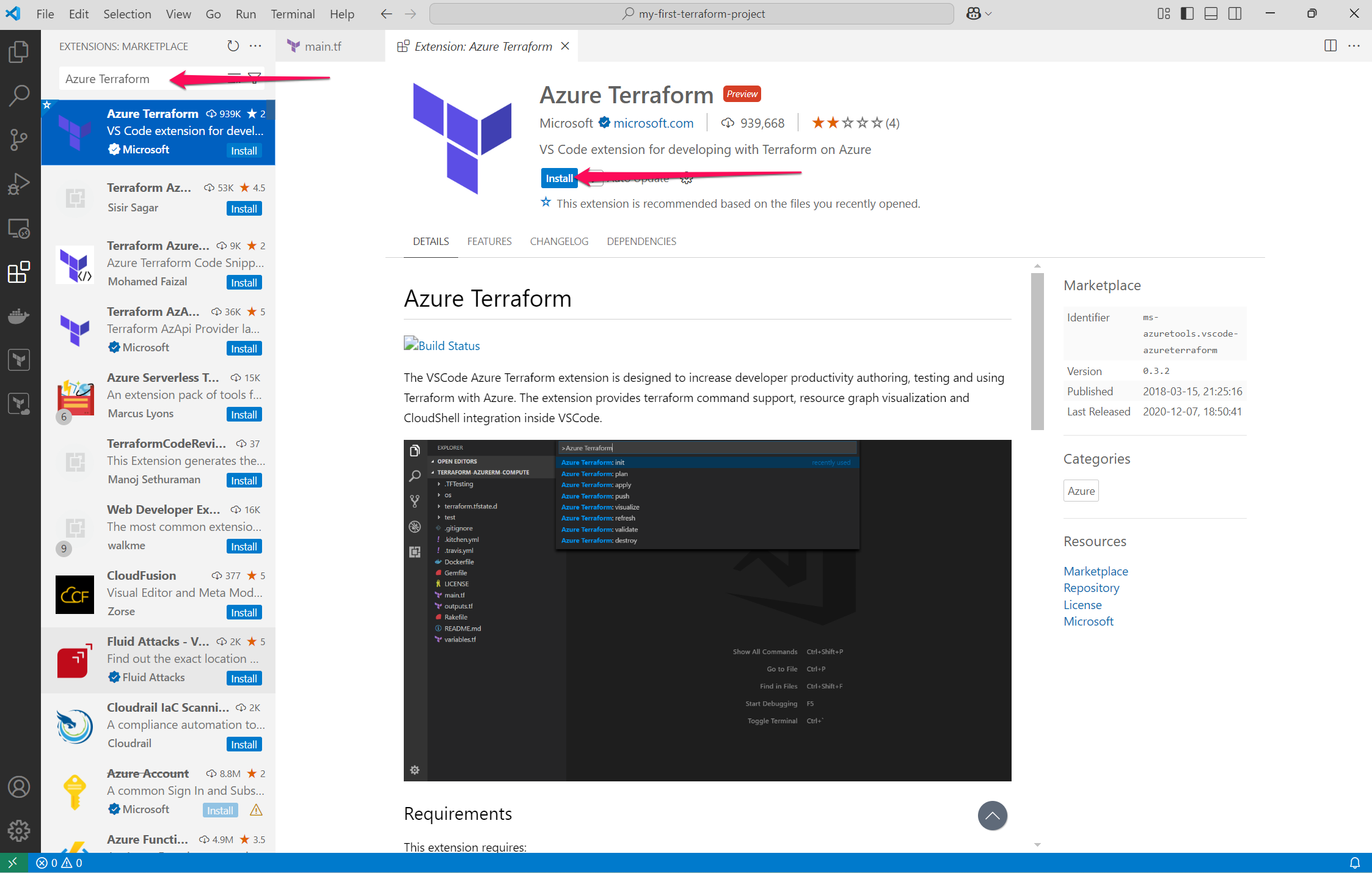 Installing Azure Terraform Extension