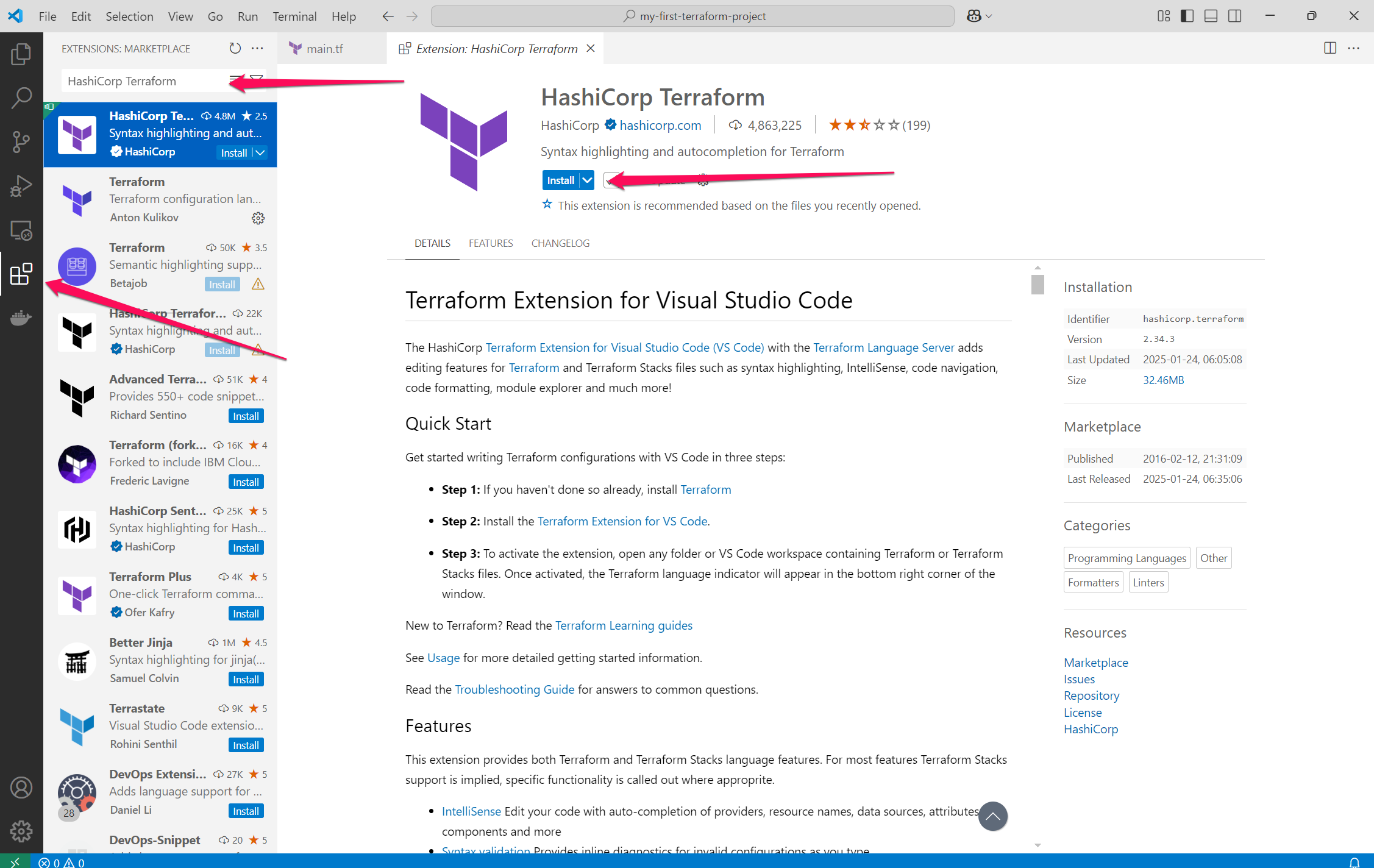 Installing HashiCorp Terraform Extension