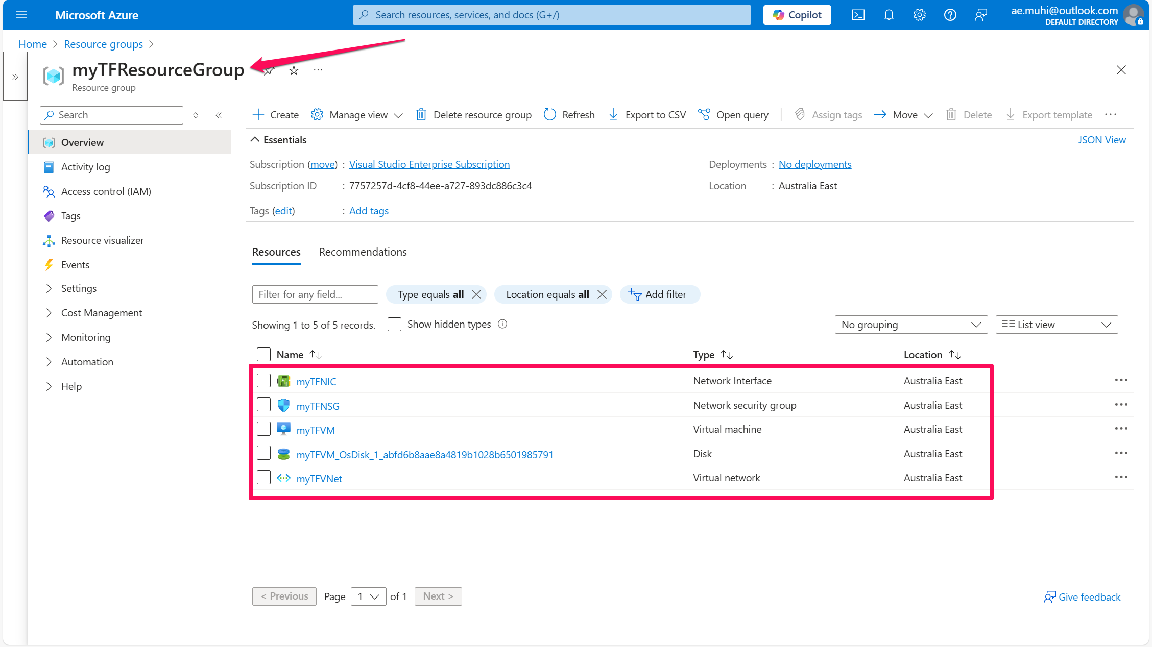 Azure Portal showing all resources created in myTFResourceGroup