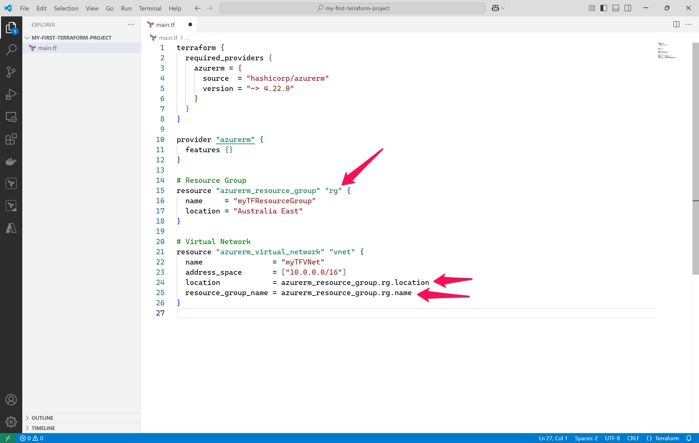 Virtual Network definition in VSCode showing references to the resource group