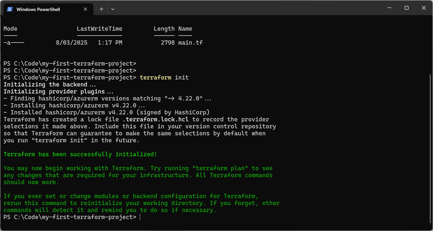 Terraform initialization output showing successful download and installation of the Azure provider