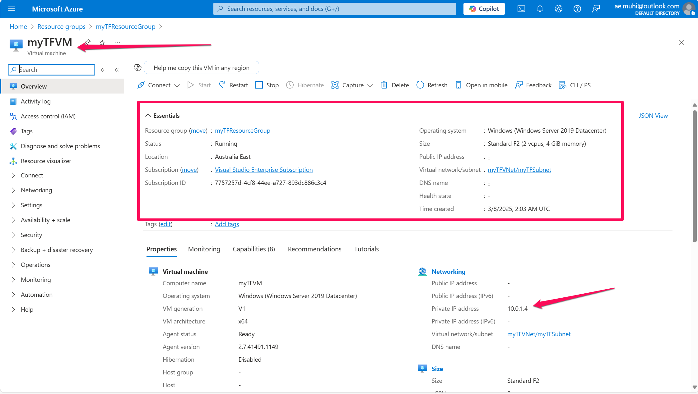Virtual Machine details showing configuration and network settings