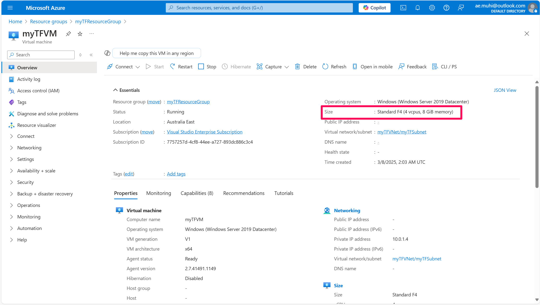 Azure Portal showing upgraded VM size of Standard F4 with 4 vCPUs and 8 GB memory